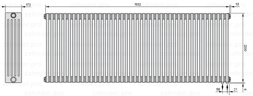 Схема (чертеж) Радиатор Zehnder Charleston 5220/42 №5510 Белый глянцевый RAL 9016